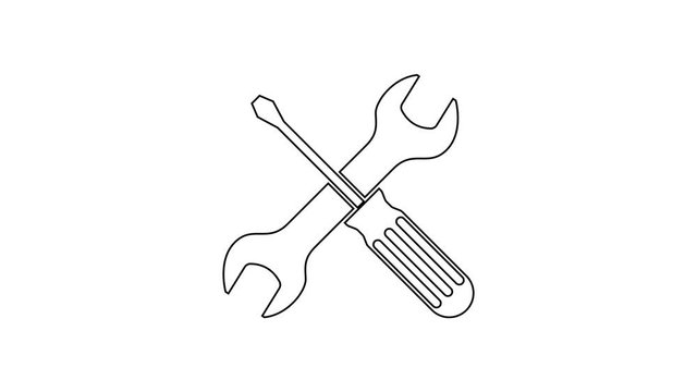 Black Crossed screwdriver and wrench tools line icon on white background. Service tool symbol. 4K Video motion graphic animation