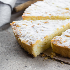 Homemade cottage cheese pie cake on stone table background