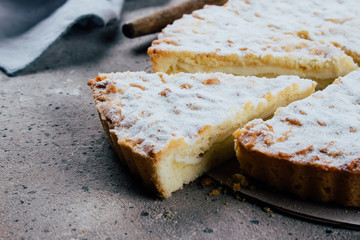 Homemade cottage cheese pie cake on stone table background