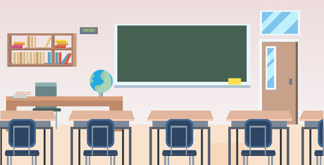 school classroom with furniture board desk empty no people class room interior flat horizontal