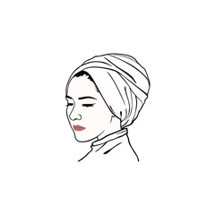 Beautiful Monochrome Turban Girl Hairstyle, Moslem Hijab Girl Vector Design. Logo, Icon, Sign, Illustration Template