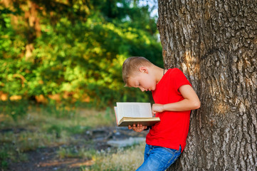 Boy reading a book in the Park . The concept of out-of-school education . Outdoor recreation
