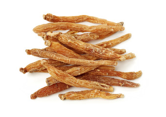 Closeup of korean red ginsengs on white background