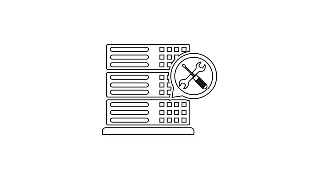 Black Database server with screwdriver and wrench line icon on white background. Adjusting, service, setting, maintenance, repair, fixing. 4K Video motion graphic animation