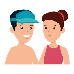 young boy shirtless with sport cap and cute woman
