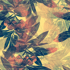 imprints abstract buds and leaves mix repeat seamless pattern. digital hand drawn picture with watercolour texture.