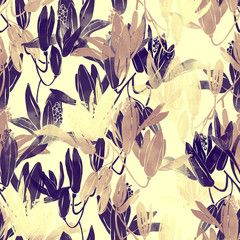 imprints blooming southern flowers mix repeat seamless pattern. digital hand drawn picture with watercolour texture.