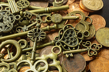 Old vintage keys gold texture on copper coin  abstract background.