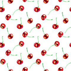 Background with red cherry berry. Watercolor summer seamless pattern