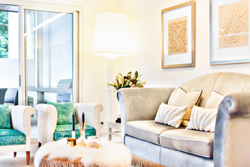Modern living room close up with pillows and sofas