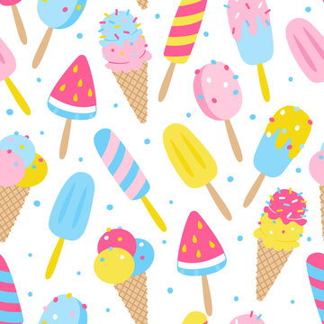 Seamless Pattern With Color Cartoon Ice Cream Isolated On White Background - Summer Design