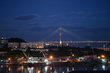 Fototapeta na wymiar Night landscape with views of the Bay of Diomid and Russian bridge.