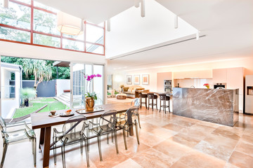 House interior and outdoor including dining and kitchen beside living