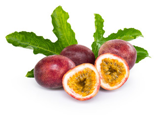 Passion fruit with green leaf isolated on white background, fruit for healthy concept