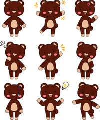 Full-length illustration of the cute brown Bear character set