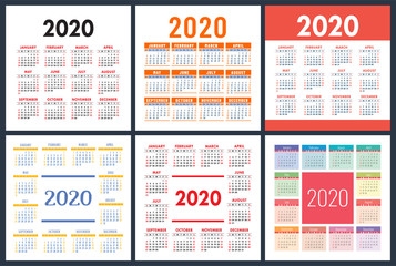 Calendar 2020 year set. Vector square calender design template. Colorful English collection. Week starts on Sunday