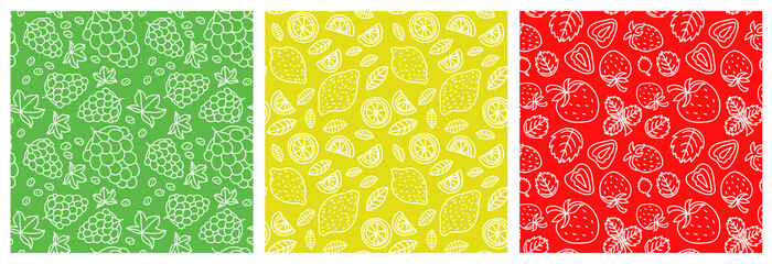 Lamas personalizadas para cocina con tu foto Grapes, lemon and strawberry. Fruit seamless pattern set. Fashion design. Food print for clothes, linens or curtain. Hand drawn line vector sketch background collection