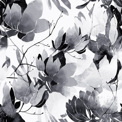 monochrome floral spring abstract rustic seamless pattern of flowers and leaves. digital hand drawn picture with