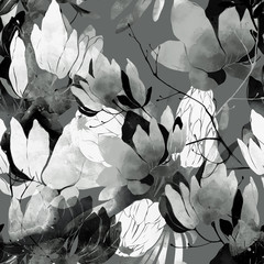 einfarbiges Blumenfrühling abstraktes rustikales nahtloses Muster von Blumen und von Blättern. digitales handgezeichnetes Bild mit