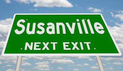 Rendering of a green highway sign for Susanville