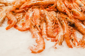 Shrimp, prawns in ice in the fish market