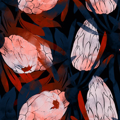 imprints protea flowers and leaves mix repeat seamless pattern. digital hand drawn picture with watercolour texture.