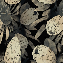 imprints protea flowers and leaves mix repeat seamless pattern. digital hand drawn picture with watercolour texture. - 273587037