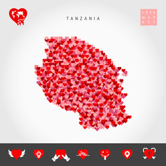 I Love Tanzania. Red and Pink Hearts Pattern Vector Map of Tanzania Isolated on Grey Background. Love Icon Set.