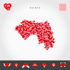 I Love Guinea. Red and Pink Hearts Pattern Vector Map of Guinea Isolated on Grey Background. Love Icon Set.