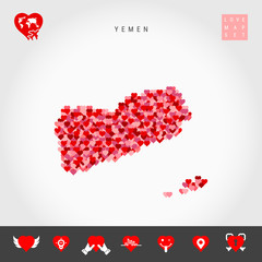 I Love Yemen. Red and Pink Hearts Pattern Vector Map of Yemen Isolated on Grey Background. Love Icon Set.