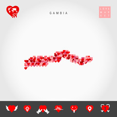 I Love Gambia. Red and Pink Hearts Pattern Vector Map of Gambia Isolated on Grey Background. Love Icon Set.