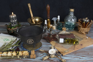 Wiccan altar with magical components
