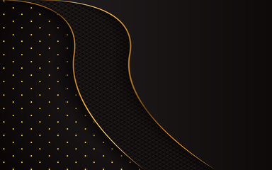 Luxury background with gold curve line and glitters composition. Elegant vector template for use element cover, banner, poster, wallpaper, card, advertising, corporate. 