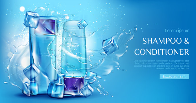 Shampoo And Conditioner Cosmetic Bottles Mockup With Ice Cubes And Water Splashes On Blue Background. Beauty Cosmetics Product For Hair Care, Ad Promo Poster. Realistic 3d Vector Illustration, Banner.