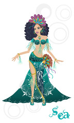 Girl with carnival dress based on water element, articulated doll