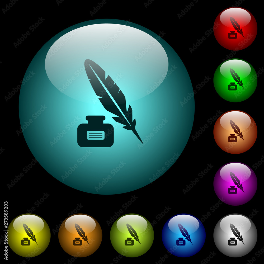 Poster feather and ink bottle with label icons in color illuminated glass buttons