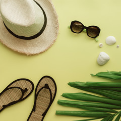 Set beach things accessories hot season. Straw hat