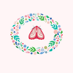 Pretty illustration of a pink moth with floral and leaf wreath surround. A spring or summer vector design ideal for card or spot graphic projects.