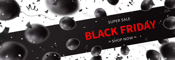 Horizontal banner template for Black Friday sale. Realistic air black balloons with serpentine and confetti on white background. Seasonal discount offer. Vector illustration.