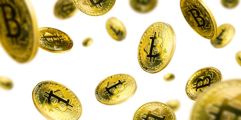 Gold Bitcoin coins flying on a white background