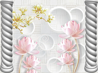 3d illustration, white tiled background, two gray twisted columns, white rings, large pink water lilies on golden stems, fabulous flowers on a branch
