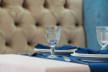 serving banquet table in a luxurious restaurant in blue and light style