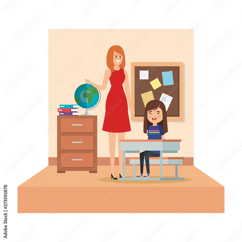 Poster female teacher and girl seated in desk in classroom