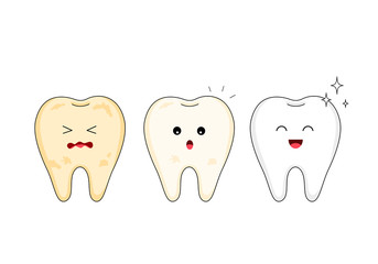 Tooth character whitening. Steps of yellow to white tooth. Dental care concept, illustration isolated on white background.