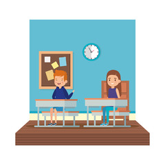 little students couple in school desk on the classroom