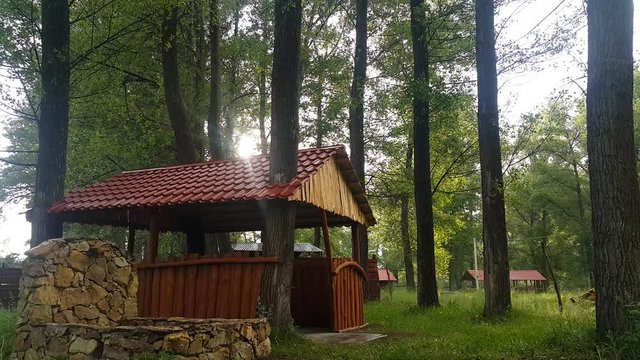 In Armenia, in the city of Martuni near lake Sevan there is a quiet place of rest wooden, eco-friendly gazebos for family holidays with friends and for tourists, pure beauty is raining, eco-friendly a