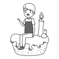 happy little boy seated in cake with candle