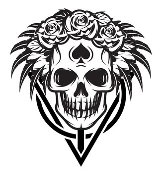Vector monochrome illustration with bride, skull, rose