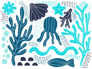 Fototapeta na wymiar Sea animals marine naive set . Ocean shape plant and animal. Abstract shape simple style. Hand drawing creative art.