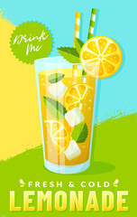 Poster with lemonade and colorful background. Vector. - obrazy, fototapety, plakaty
